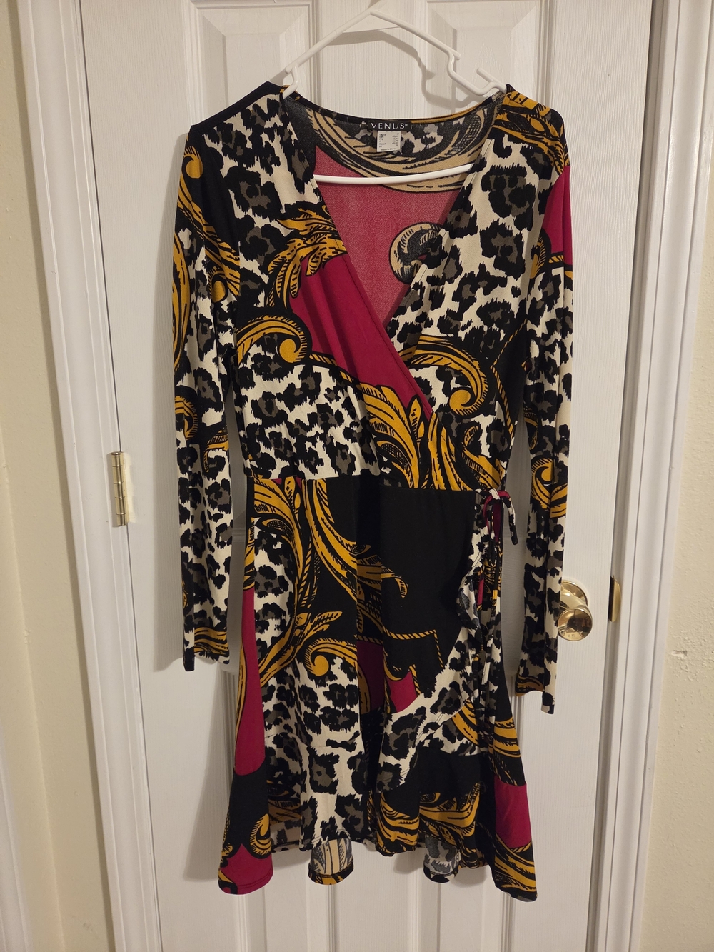 VENUS Fuchsia, Black & Gold Print Wrap Dress